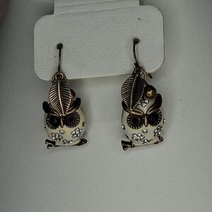 White Enamel Owl Flower Rhinestone Leaf Bead Charm Dangle Earrings Hook Nature